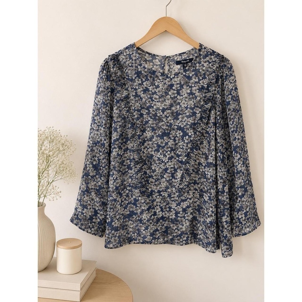 Madewell Blouse Size S Silk Ruffle Floral Navy Grey B0854 Cottagecore Boho Moody